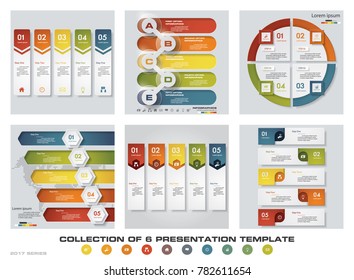 Collection of 6 design colorful presentation templates. EPS10. Set of infographics design vector and business icons.