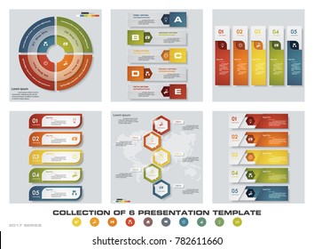 Collection of 6 design colorful presentation templates. EPS10. Set of infographics design vector and business icons.