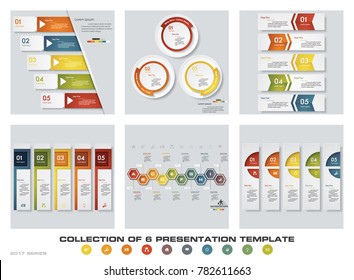 Collection of 6 design colorful presentation templates. EPS10. Set of infographics design vector and business icons.