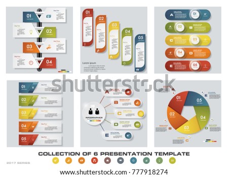 Collection of 6 design colorful presentation templates. EPS10. Set of infographics design vector and business icons.