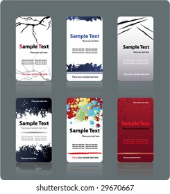 Collection of 6 different vertical business cards templates with grunge elements.