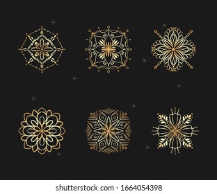 Collection of 6 doodle golden mandalas on black background with sparkles. Vector ethnic illustrations for decoration card, events, wrapping paper, textile. Tattoo and logo, boho design.