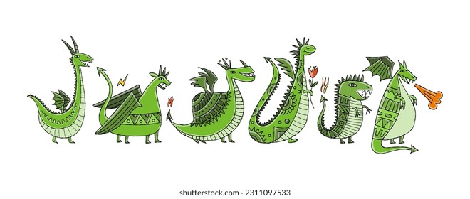 Colección de 6 dragones aislados en tarjeta blanca horizontal. Símbolo del Año Nuevo Chino 2024. Ilustración del vector