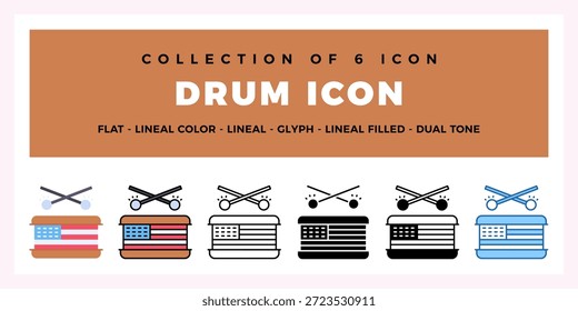 Collection of 6 Drum Icons Flat. Lineal. Glyph Styles