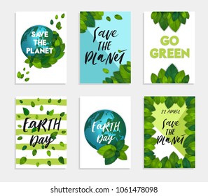 Collection 6 Earth Day card template with lettering. Bright fresh green leaves concept. Poster, banner design. Save the planet bright and stylish geometric background. Vector illustration EPS10