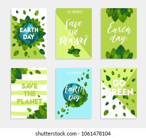 Collection 6 Earth Day card template with lettering. Bright fresh green leaves concept. Poster, banner design. Save the planet bright and stylish geometric background. Vector illustration EPS10