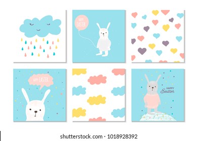 Collection of 6 Easter card, banner background, template with beautiful spring flowers, leaves, hearts, dots and rabbit, bunny. Modern postcard or invitation for holliday