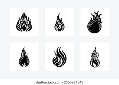 Collection of 6 flame silhouettes in vector style, perfect for design, clipart, and print projects.






