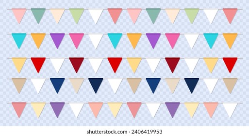 Collection of 6 flat cartoon party flags, bunting on transparent background. Set of bright multicolored  pennants, seamless festive triangle garlands for birthday celebration, festival, carnival