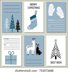 Collection of 6 flat design winter greeting cards. Christmas and New Year posters templates set. Simple hand drawn elements for Xmas design.