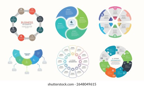 A collection of 6 flat infographic templates in various circular and segmented layouts. Each chart features colorful sections with icons and placeholder text, perfect for presenting business