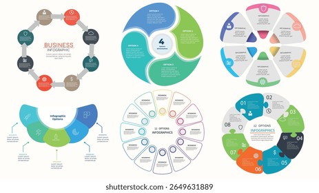 A collection of 6 flat infographic templates in various circular and segmented layouts. Each chart features colorful sections with icons and placeholder text