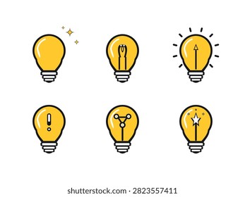 A collection of 6 flat vector light bulb icons, each featuring a unique symbol inside to represent different concepts like inspiration, progress, and success.