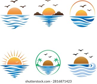 Collection of 6 flat vector sunset and sunrise logos arranged in 2x3 grid on white background. Top row: orange sun over blue wavy sea with 3 brown birds, sun between brown clouds with blue zigzag reflection and 3 birds