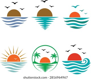 Collection of 6 flat vector sunset and sunrise logos in 2x3 grid on white background. Top row: brown sun over slate blue wavy sea with 3 black birds, brown sun with teal zigzag diamond reflection and 3 black birds, orange sun with 3 teal birds over layered teal waves.