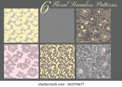 Collection of 6 floral patterns, Seamless. Hand drawn flowers. Soft colors.