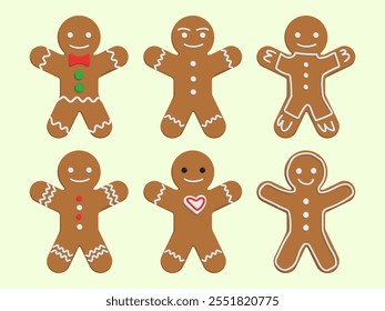 Collection of 6 gingerbread man illustrations in a festive and cheerful design. Perfect for holiday-themed projects, greeting cards, and seasonal decorations.