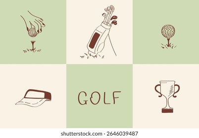 A collection of 6 golf icons: ball, trophy, cap, bag and putting green in doodle style. Perfect for infographics, social posts, presentations or branding kits.
