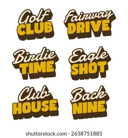 A collection of 6 golf themed text graphics in bold retro style with playful layout and layered shadow effect