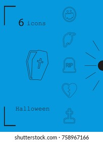 Collection of 6 halloween icons. Vector illustration in thin line style