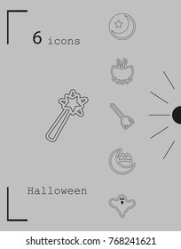Collection of 6 halloween icons. Vector illustration in thin line style