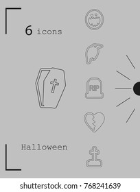Collection of 6 halloween icons. Vector illustration in thin line style
