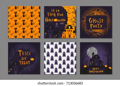 Collection of 6 happy halloween  poster design with traditional symbols and hand drawn lettering. Vector illustration can be used for wallpaper, web page, holiday card, invitation and party design.