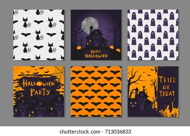 Collection of 6 happy halloween  poster design with traditional symbols and hand drawn lettering. Vector illustration can be used for wallpaper, web page, holiday card, invitation and party design.