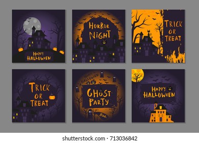 Collection of 6 happy halloween  poster design with traditional symbols and hand drawn lettering. Vector illustration can be used for wallpaper, web page, holiday card, invitation and party design.
