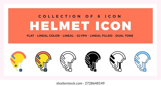 Collection of 6 Helmet Icons. Flat. Lineal. Glyph Styles