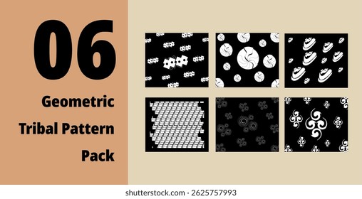collection of 6 high-contrast geometric tribal patterns in black and white. Perfect for fabric design, packaging, branding, digital backdrops, and more. 