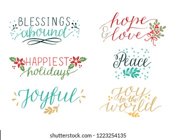 Collection with 6 Holiday cards made hand lettering Blessings abound. Peace. Joy to the world. Joyful. Hope and love. Biblical background. Christian poster. Modern calligraphy Christmas Greetings