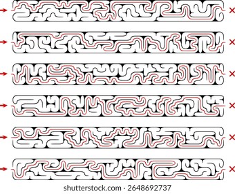 Coleção de 6 labirintos retangulares horizontais de comprimento longo. Conjunto de labirintos esticados com soluções. Coleção de charadas em preto e branco. Brainstorm quebra-cabeça para livros, impressão, jogos na web.