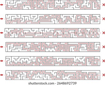Collection of 6 horizontal long lenght rectangular labyrinths. Set of stretched mazes with solutions. Black and white riddles collection. Brainstorm puzzle for books, print, web games.