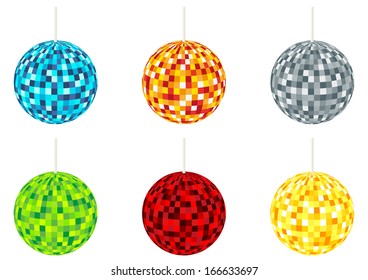 Collection of 6 isolated disco balls in different colors