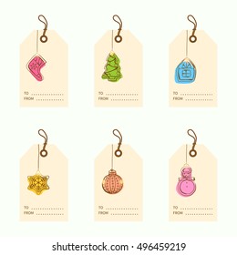 Collection of 6 kraft paper christmas gift tags.Cards with bauble ornaments hanging.Vector illustration.