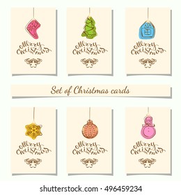 Collection of 6 kraft paper christmas gift tags.Cards with bauble ornaments hanging.Vector illustration.