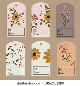 Collection of 6 kraft paper floral gift tags.