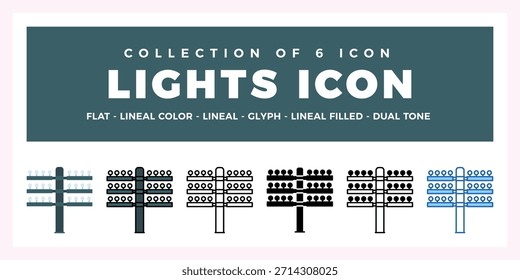 Coleção de 6 Ícones de Luz. Plano. Estilos Lineares e de Tom Duplo