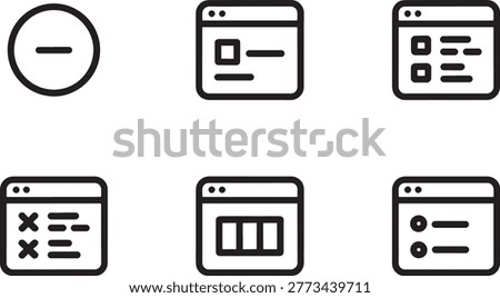 Collection of 6 line icons for UI design, including minus sign, browser windows, and interface elements