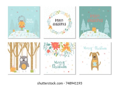 Collection of 6 Merry Christmas cute greeting card with animals, presents and lettering. Hand drawn style of posters for holiday invitation, children room, nursery decor, interior design. 