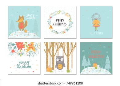 Collection of 6 Merry Christmas cute greeting card with animals, presents and lettering. Hand drawn style of posters for holiday invitation, children room, nursery decor, interior design. Vector