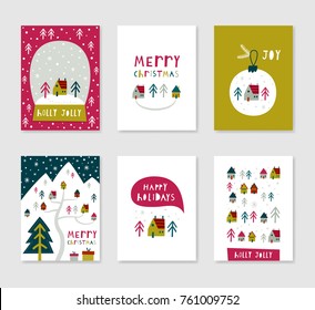 Collection of 6 minimalistic Christmas card templates. Christmas Posters set. Vector illustration. Template for greeting, congratulations, invitations. Creative Hand Drawn cards for winter holidays.