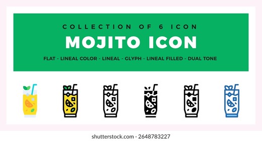 Sammlung von 6 Mojito Icons. Flach. Lineal. Glyphenstile