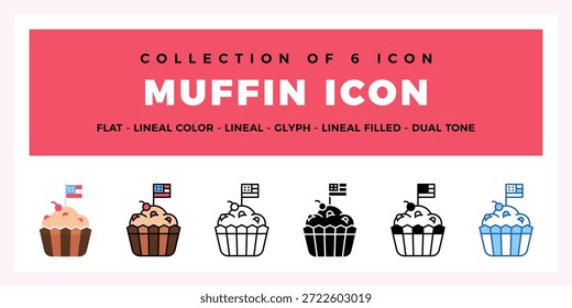 Coleção de 6 Muffin Icons Flat. Estilos Lineares e de Glifos