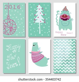 Collection of 6 New Year card templates. Greetings Posters set. Vector illustration. Template for Greeting Scrapbooking, Congratulations, Invitations.