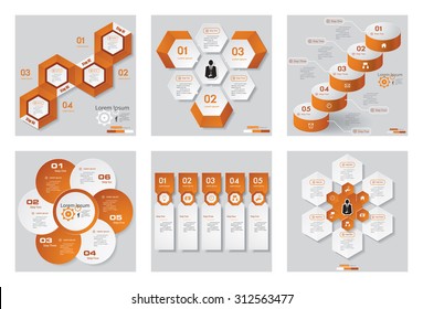 Collection of 6 orange color template/graphic or website layout. Vector Background. For your idea and presentation.