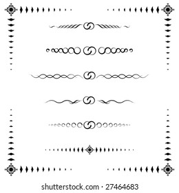 A collection of 6 ornamental text and paragraph dividers and a frame, black & white, vector illustration