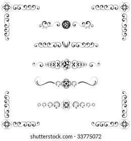 A collection of 6 ornamental text and paragraph dividers and a frame, black & white, vector illustration