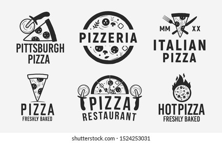 Collection of 6 pizza logo, emblems, labels and badges. Pizzeria, Pizza house, cafe, restaurant. Vector logo templates. 